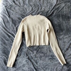 Ivory Ribbed Knit Cropped Top Long Sleeve Fitted